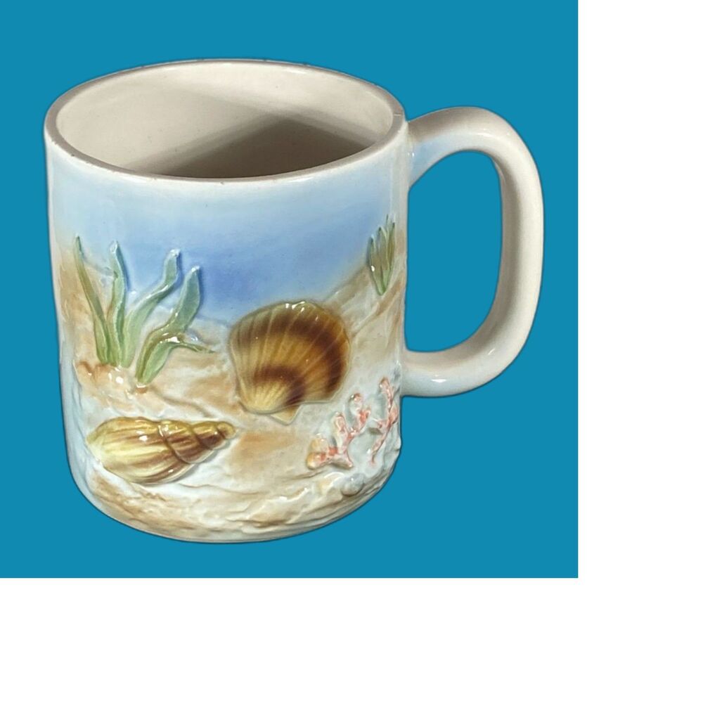 Otagiri Ocean Sea Shells Coffee Mug 3D 1981 Vintage Ceramic